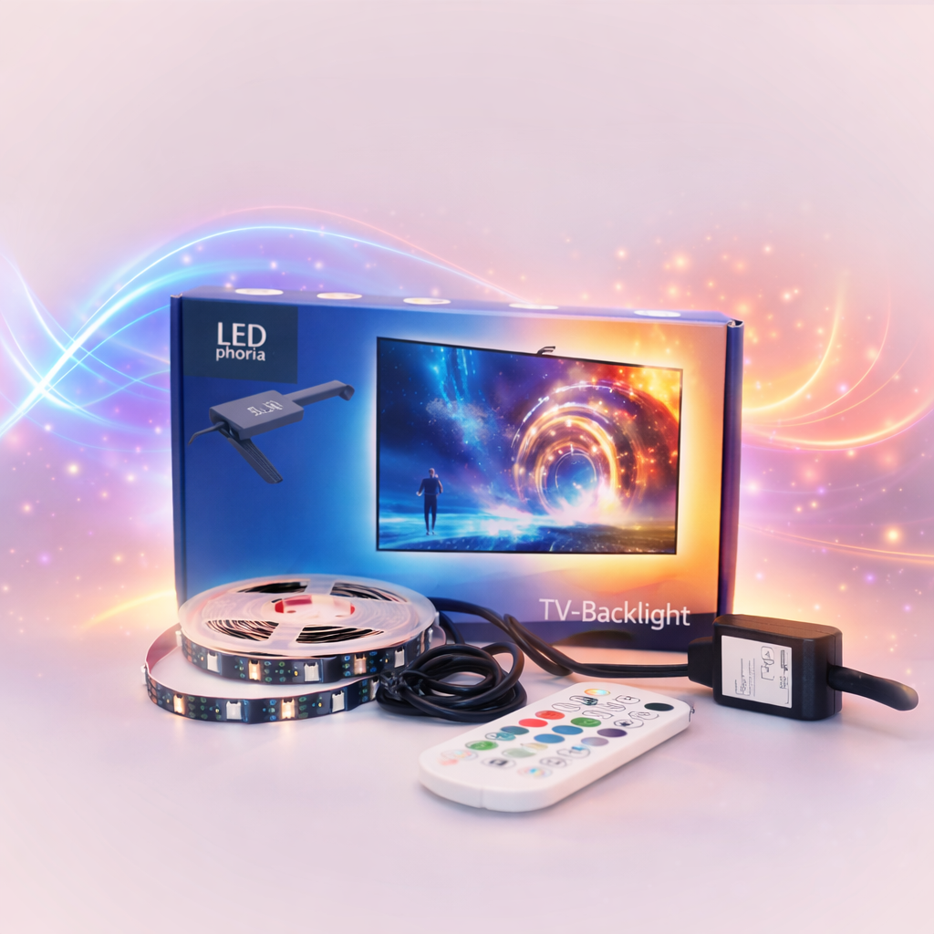 Hier siehst du nicht nur ein Produkt – du siehst ein Erlebnis.
Das vollständige LED-Backlight-Set mit Strip, Fernbedienung und hochwertiger Verpackung vermittelt Sofort-Nutzen und Professionalität. Die farbintensiven Lichtwirbel im Hintergrund symbolisieren Atmosphäre, Kino-Feeling und immersive Welten.